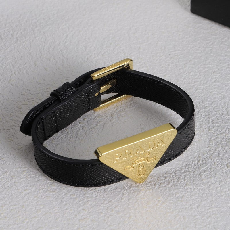 Pra Black Leather Gold Bracelet