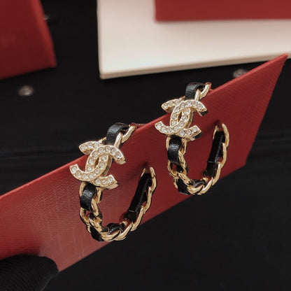CC Black Leather Gold Earrings