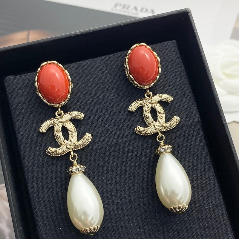 CC 24C Red Pearl Gold Earrings