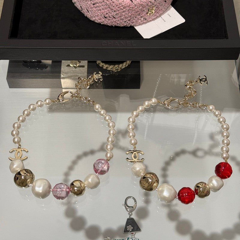 CC Red Crystal Pearl Choker Necklace