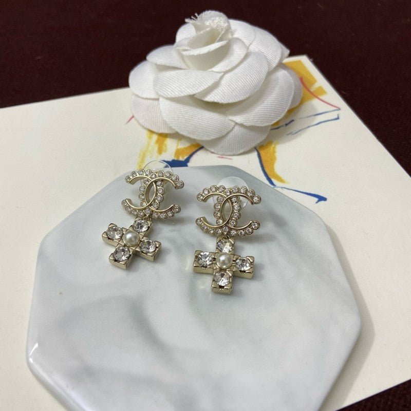 CC Cross Pearl & Diamond Earrings