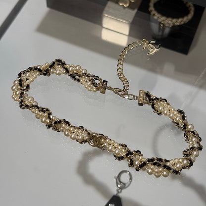 CC Pearl Leather Choker Necklace