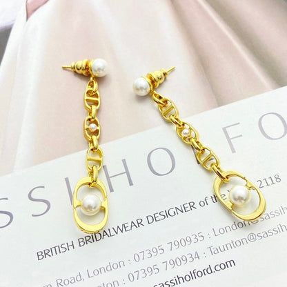 CD Pearl Gold Tassel Earrings