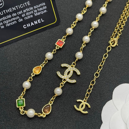 CC Color Crystal Pearl Long Chain Necklace