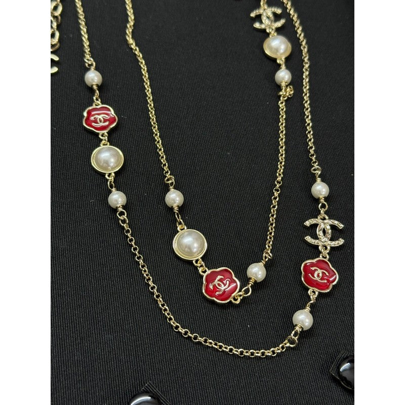 CC Red Flower Pearl Long Necklace