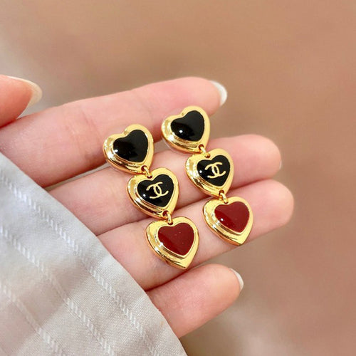 CC Black & Red Three Heart Drop Earrings