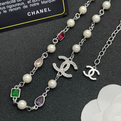 CC Color Crystal Pearl Long Chain Necklace