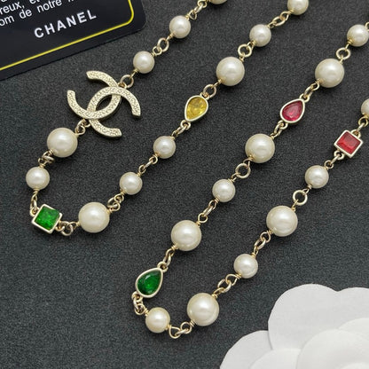 CC Color Crystal Pearl Long Necklace