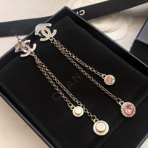 CC Pink Crystal Long Chain Earrings
