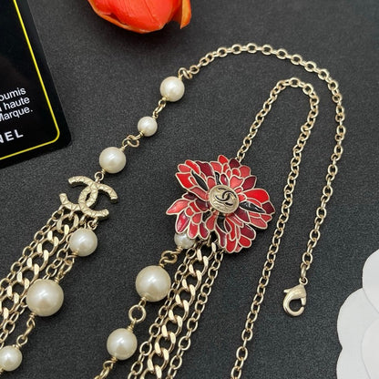 CC Red Flower Pearl Long Chain Necklace