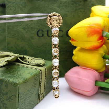 GG Lion Long Pearl Earrings