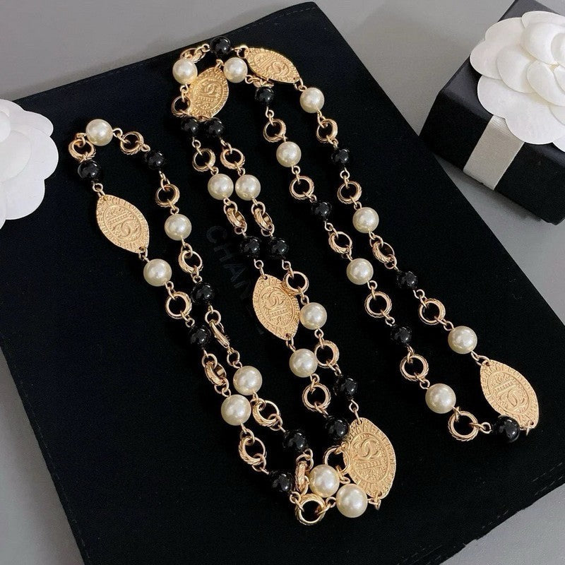 CC Long Black & White Pearls Necklace