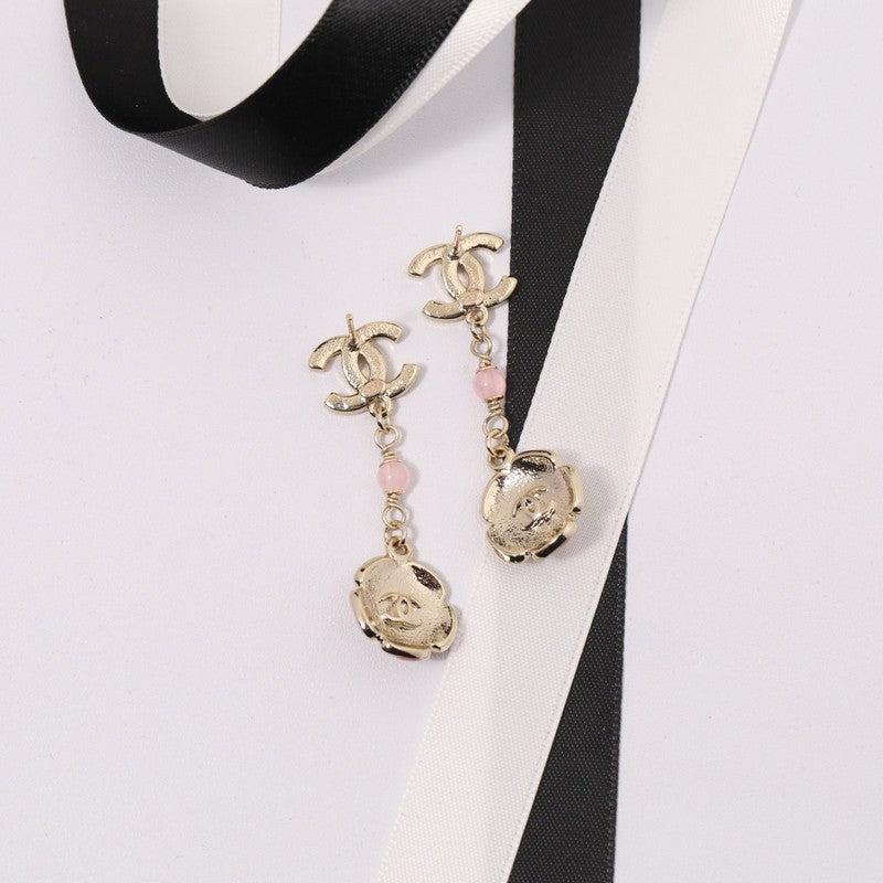 CC Black & Pink Camellia Diamond Long Earrings