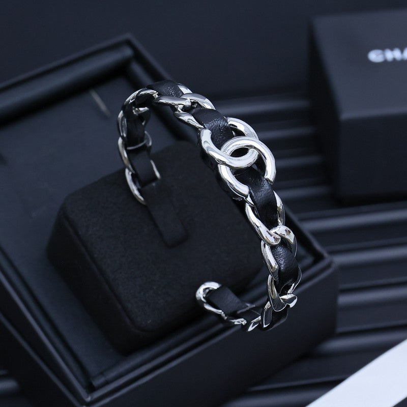 CC 25P Black Leather Open Cuff Bracelet