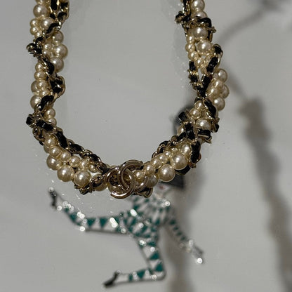 CC Pearl Leather Choker Necklace