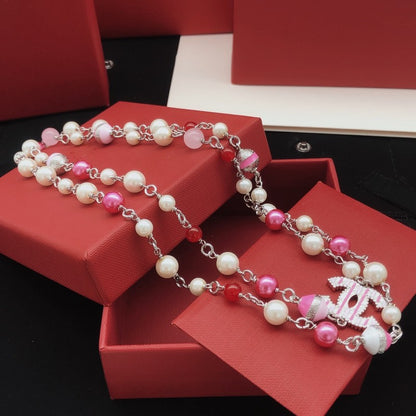 CC Pink & White Pearl Long Necklace