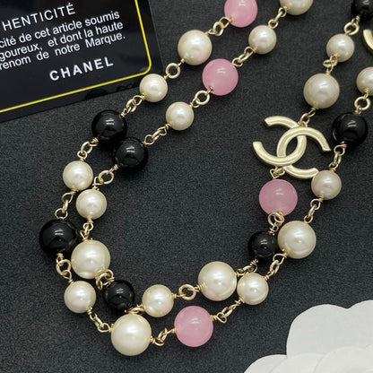 CC Black & Pink Bead Pearl Long Necklace