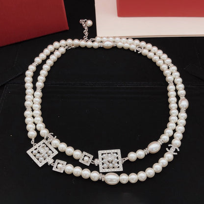 CC Square Diamond Long Pearl Necklace