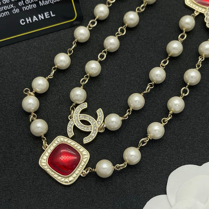 CC Red Crystal Pearl Long Necklace
