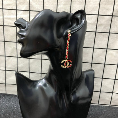 CC Red Leather Gold Long Earrings