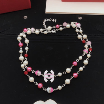 CC Pink & White Pearl Long Necklace