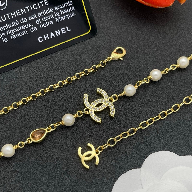 CC Color Crystal Pearl Long Chain Necklace