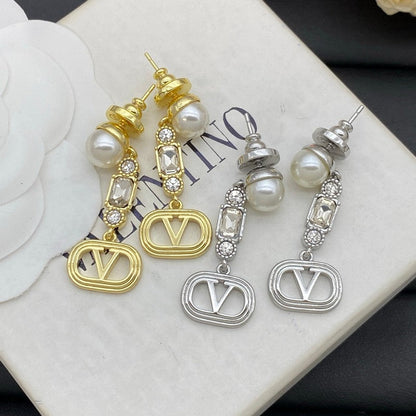 Vlogo Crystal Pearl Long Earrings