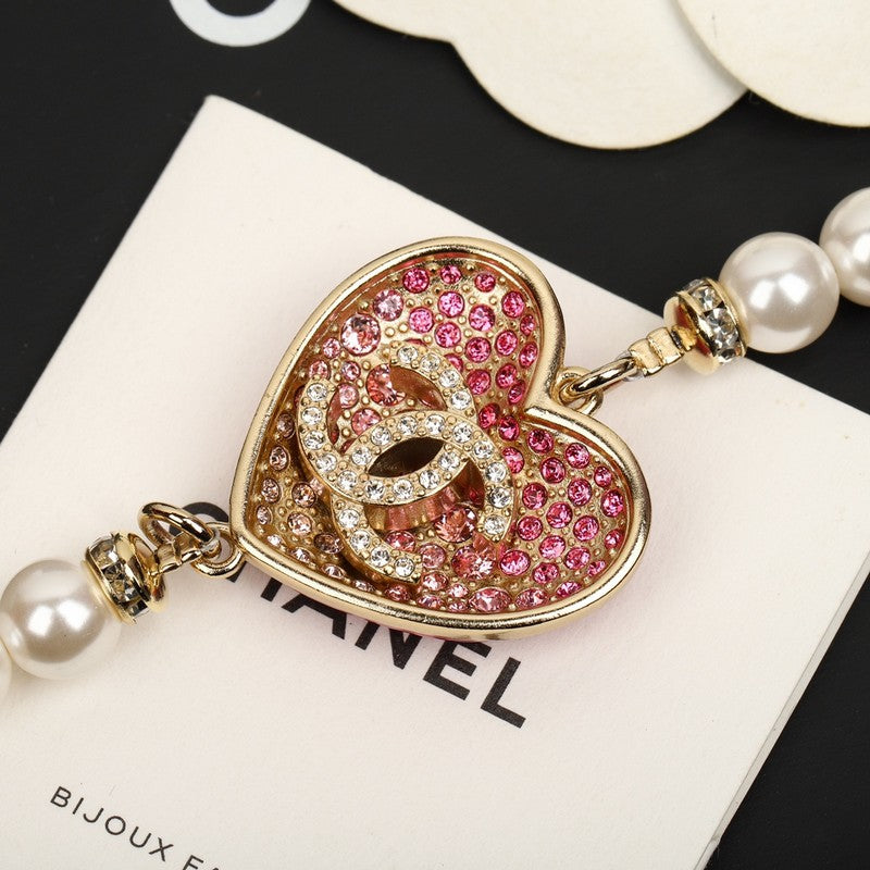 CC Pink Heart Long Pearl Necklace