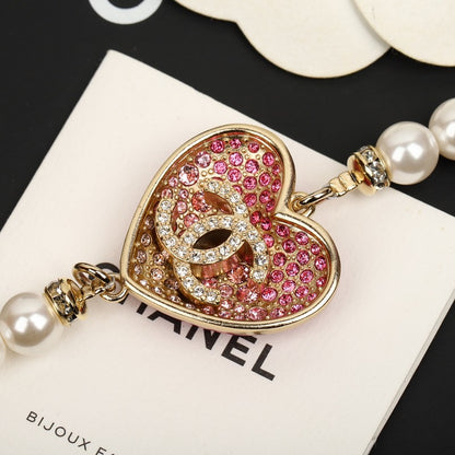 CC Pink Heart Long Pearl Necklace