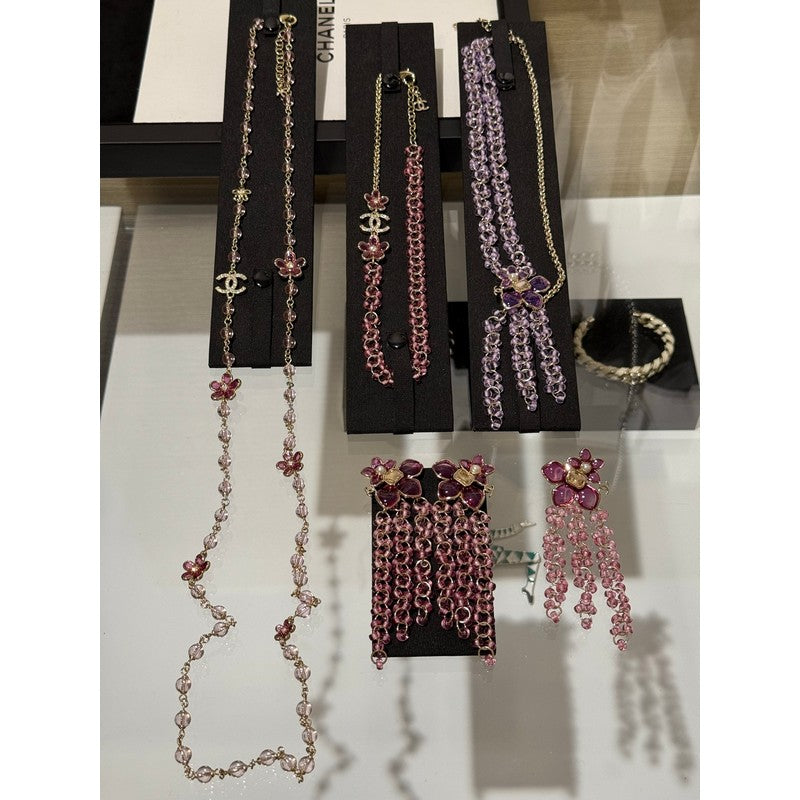 CC 26C Pink Crystal Flower Long Necklace