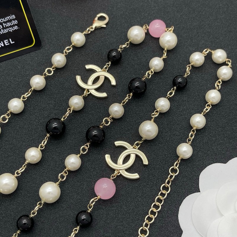 CC Black & Pink Bead Pearl Long Necklace