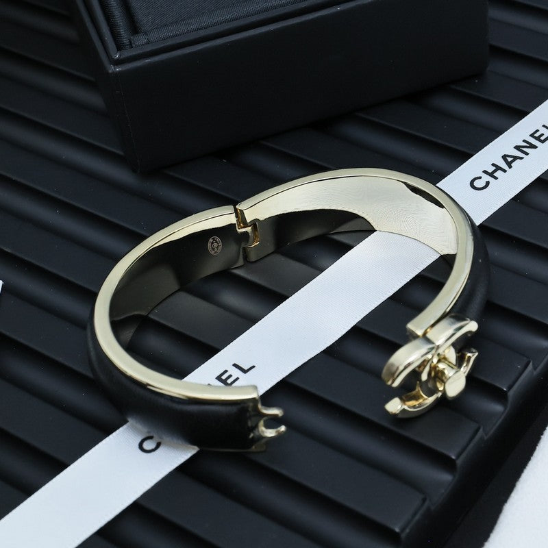 CC Black Leather Gold Bracelet