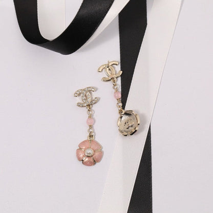 CC Black & Pink Camellia Diamond Long Earrings