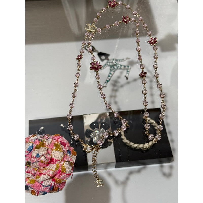 CC 26C Pink Crystal Flower Long Necklace