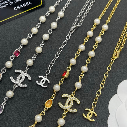 CC Color Crystal Pearl Long Chain Necklace