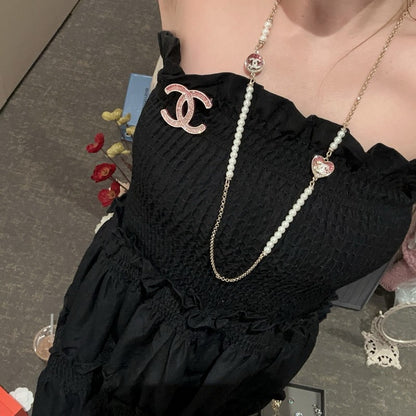 CC Pink Heart Long Pearl Necklace